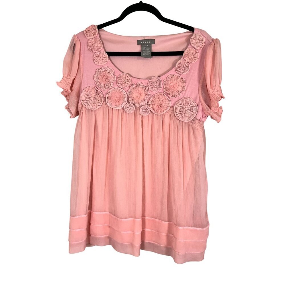 Retro Floral Coquette Feminine Top L Pink Y2K Boho Western Classic Chic Glam 80s